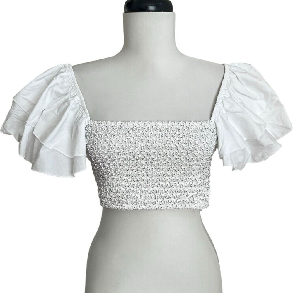 ZARA Ruffle Sleeve Crop Top Small White - Picture 3 of 13